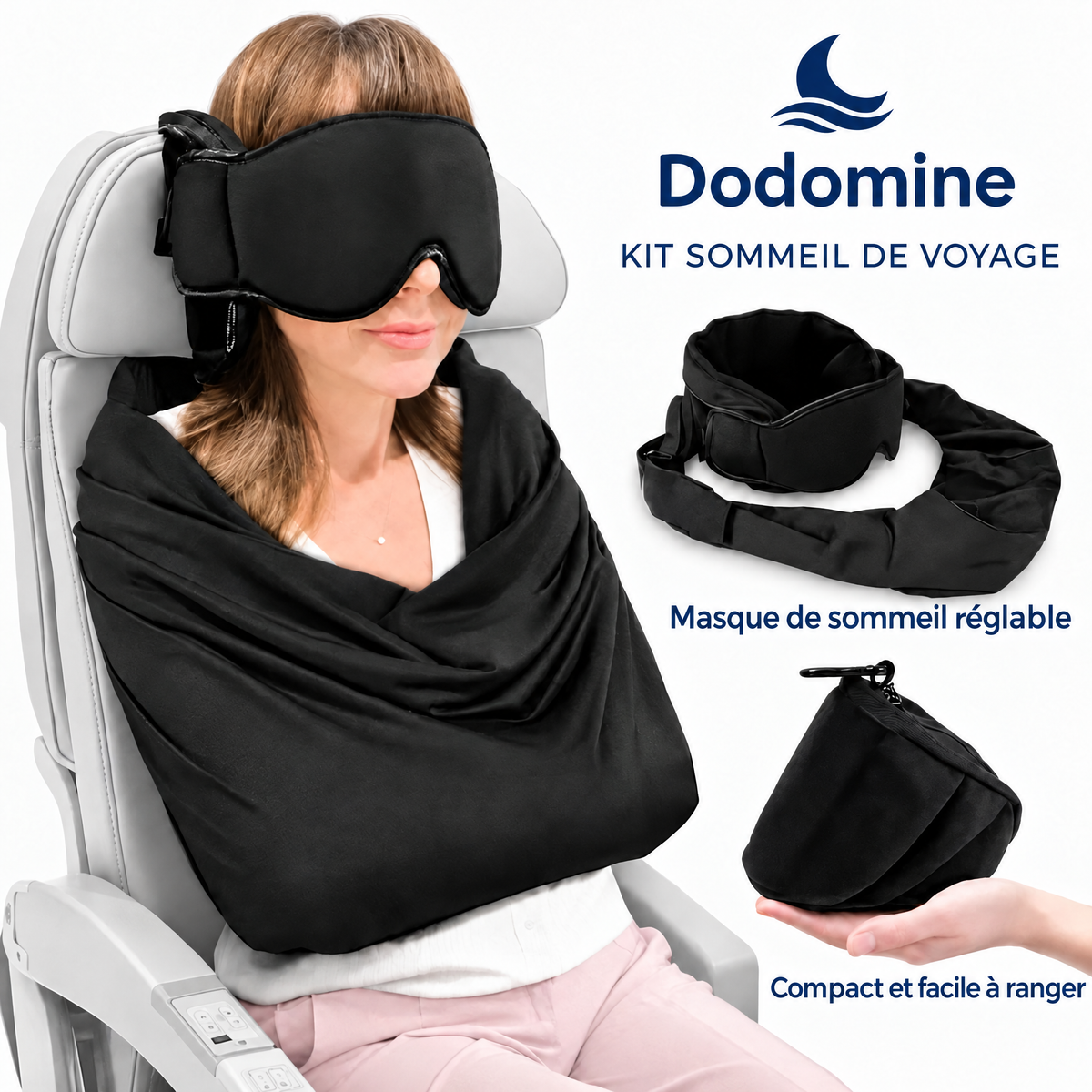 Dodomine : masque de sommeil réglable et pochette compacte.