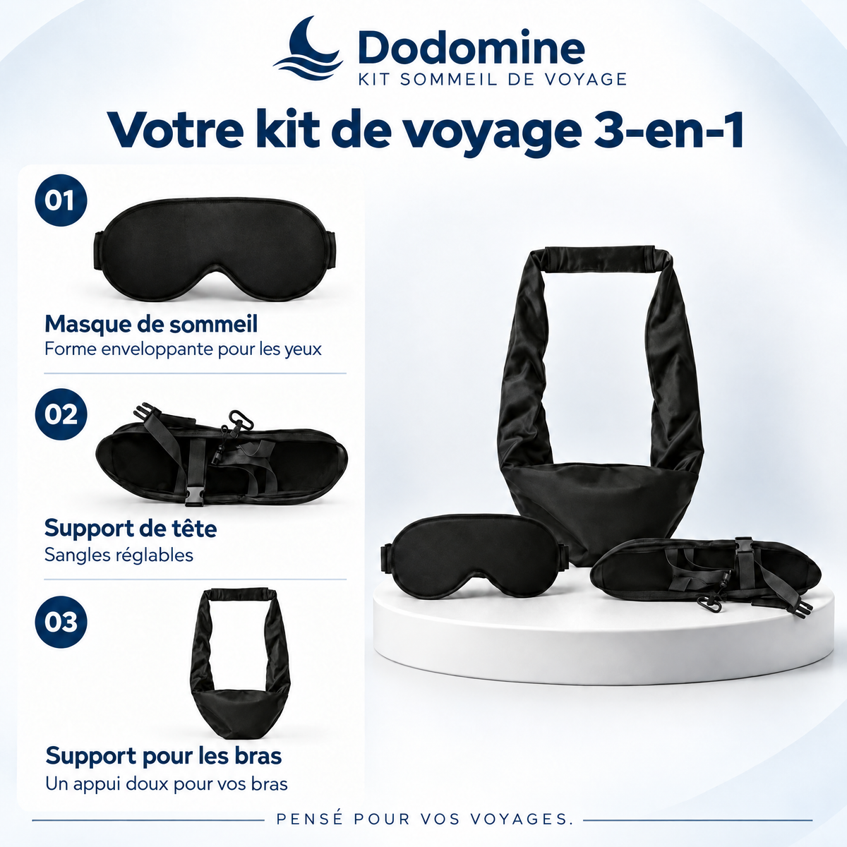 Le kit Dodomine 3-en-1 : masque de sommeil, support de tête et support pour les bras.